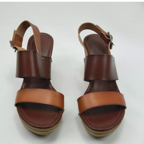 American Eagle  Brown Leather Wedge Sandals Size 6 - Picture 2 of 10